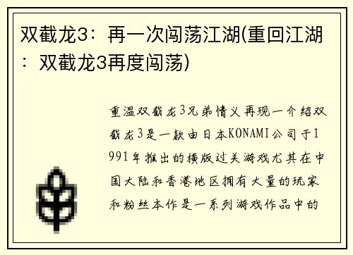 双截龙3：再一次闯荡江湖(重回江湖：双截龙3再度闯荡)